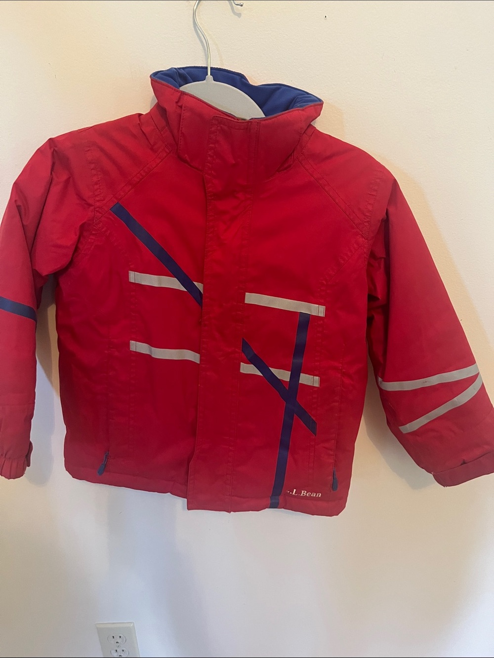 L.L. Bean Kids Red Puffer Jacket with Blue and Reflective Accents